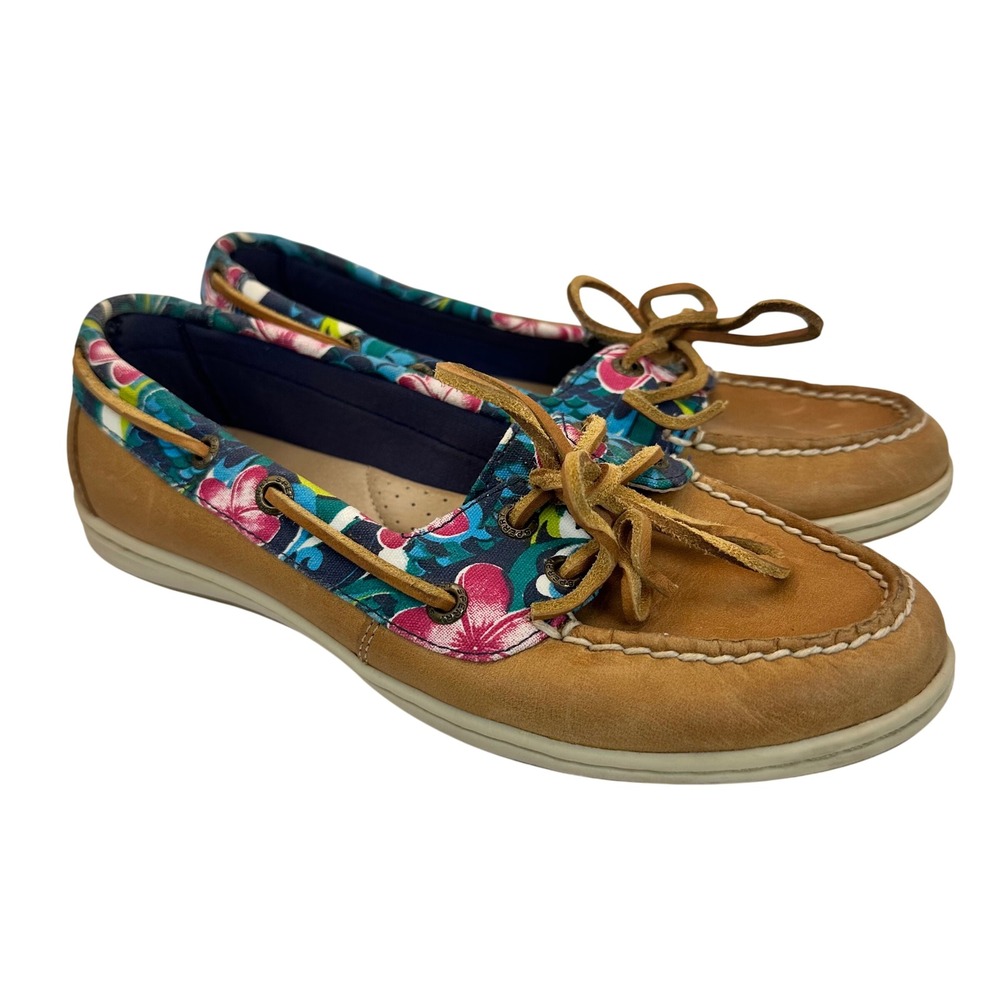 Sperry Boat Shoes Womens 8.5 Tan Floral Leather Preppy Nautical Loafers